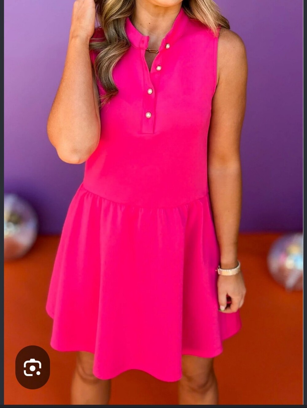 Sleeveless Bright Pink Button-Placket Casual Dress